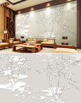 新中式手绘白描花鸟客厅背景墙
