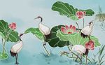 中式油画彩绘荷花白鹤背景墙
