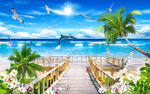 3D热带度假海岛椰树风景背景墙
