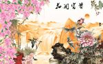 中式花开富贵飞鸟牡丹壁画背景