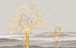 金色树枝抽象山水背景墙