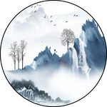新中式手绘抽象山脉圆框装饰画
