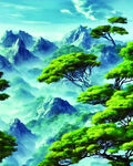 松树 山云风景画