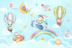 卡通彩虹云朵可爱动物儿童背景墙