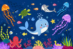 可爱海豚卡通海底动物珊瑚背景墙