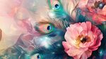 孔雀羽與粉花夢幻插畫