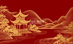 中國風亭子山水背景