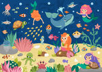 可愛(ài)美人魚卡通海底鯨魚珊瑚背景