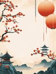 中式山水間的燈籠與紅梅