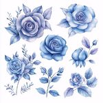 藍(lán)色水彩玫瑰花及枝葉圖案