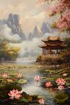中式山水亭閣荷花美景