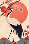 丹頂鶴立繁花紅日之下