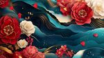 國潮風牡丹海浪精美插畫