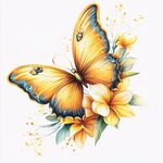 黃蝶伴花唯美插畫圖案