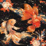 雙金魚戲花水墨風圖案