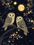 月夜雙貓頭鷹棲息圖