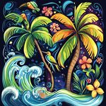 熱帶風(fēng)情插畫 椰樹海浪花鳥