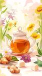 田園風(fēng)茶壺與花草靜物圖