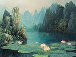 水墨山水間的睡蓮景致
