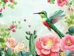 蜂鳥飛舞于繁花仙人掌間