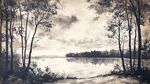 湖畔樹林黑白靜謐風(fēng)景