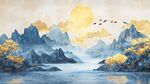 金秋山水間飛鳥伴日圖