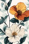 花卉插畫 橙白花朵與綠葉