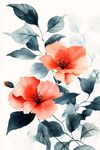 水墨風橙花綠葉插畫