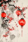 水墨紅梅掛紅燈籠圖