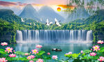 荷花山水風景畫