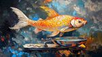 夢幻金魚躍出古樸瓷碗