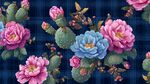 藍(lán)底仙人掌與花卉圖案