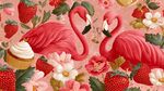 粉色火烈鳥與草莓花卉圖案