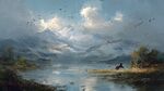 湖畔駿馬伴飛鳥(niǎo)的山水景