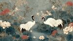 雙鶴棲于繁花綠水間