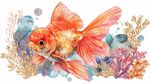 水彩繪靈動金魚與海草