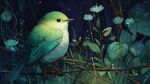 夜中綠羽小鳥(niǎo)棲于花草間
