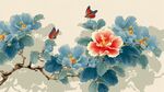 藍葉紅花間雙蝶飛舞