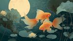 月夜荷塘金魚嬉戲圖