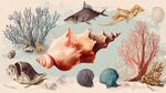 海洋生物與貝殼珊瑚插畫