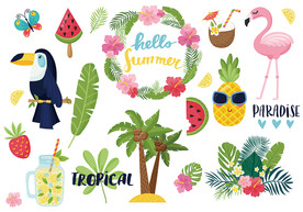 热带夏季可爱卡通墙贴设计素材