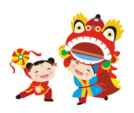 舞狮子可爱男孩女孩设计素材