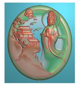 山水观音挂件站立观音牌子精雕图