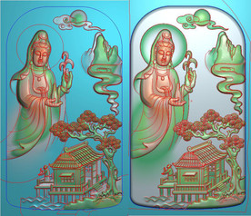 山水半身观音玉雕挂件精雕图浮雕