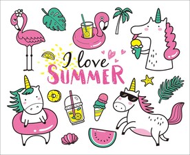 独角兽火烈鸟可爱夏季矢量背景墙