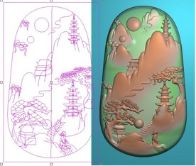 玉雕山水松树人物挂件精雕图浮雕