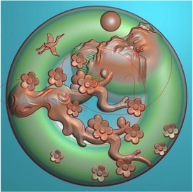 圆形梅花仙鹤山水挂件精雕图浮雕