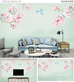 清新玉兰花鸟水彩背景墙