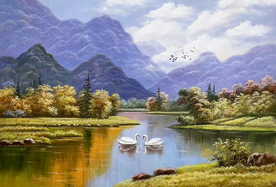 风景油画天鹅