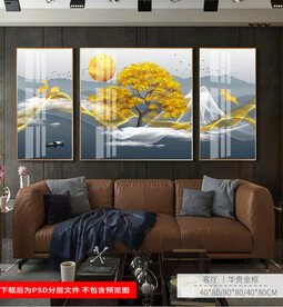 新中式线条山水发财树三联晶瓷画